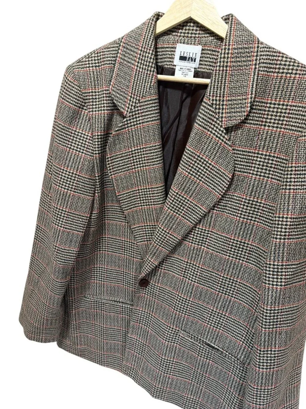 Leslie Fay Sportswear Vintage 90's Womens Glencheck Plaid Wool Blazer Jacket Siz